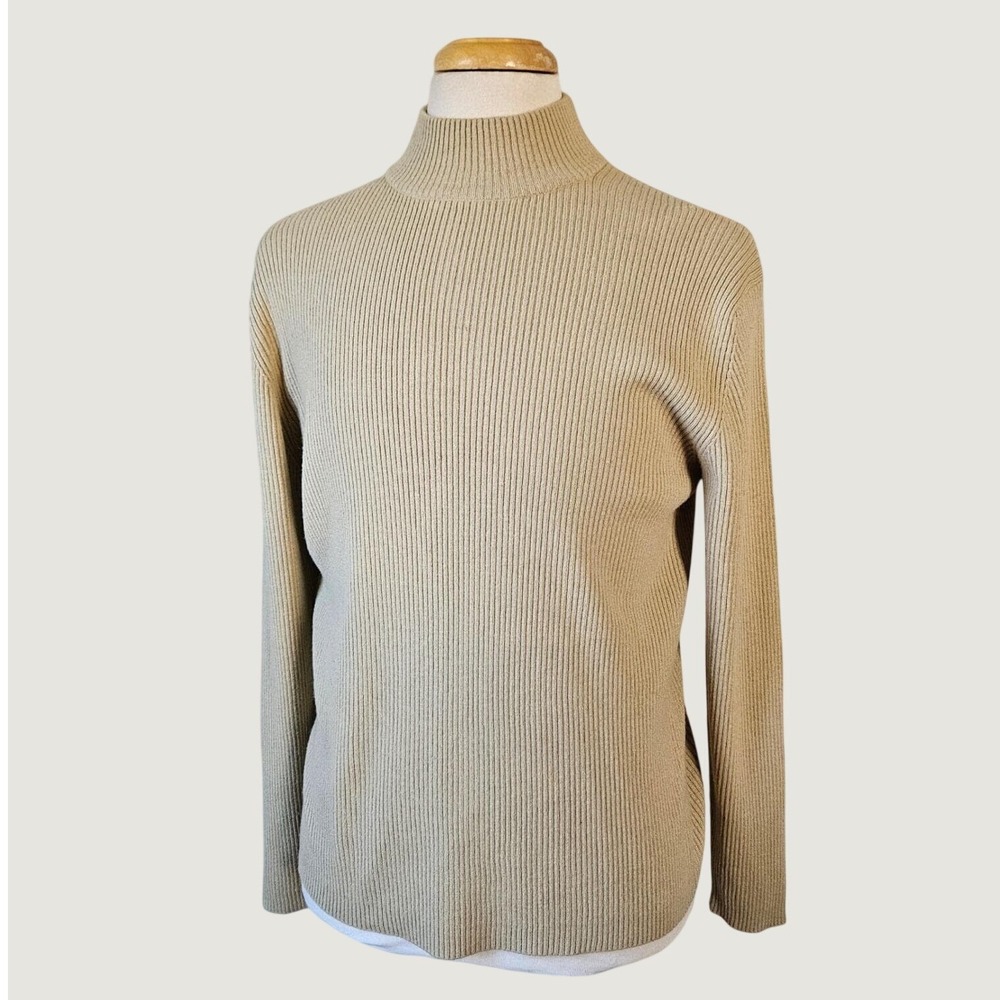 Vtg 90s WinterSilks Beige Ribbed Mock Neck Silk Wool Cashmere Sweater Mens Large